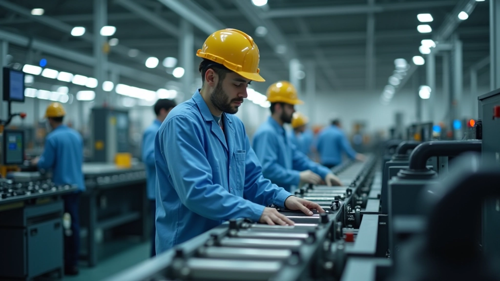 Industrielle Produktion mit modernen Maschinen und Arbeitern in Fabrik