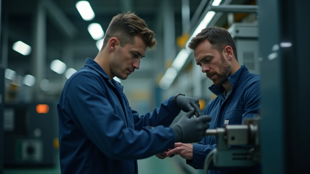 Arbeiter in moderner Fabrik mit Maschinen und Technologie, konzentriert bei der Arbeit