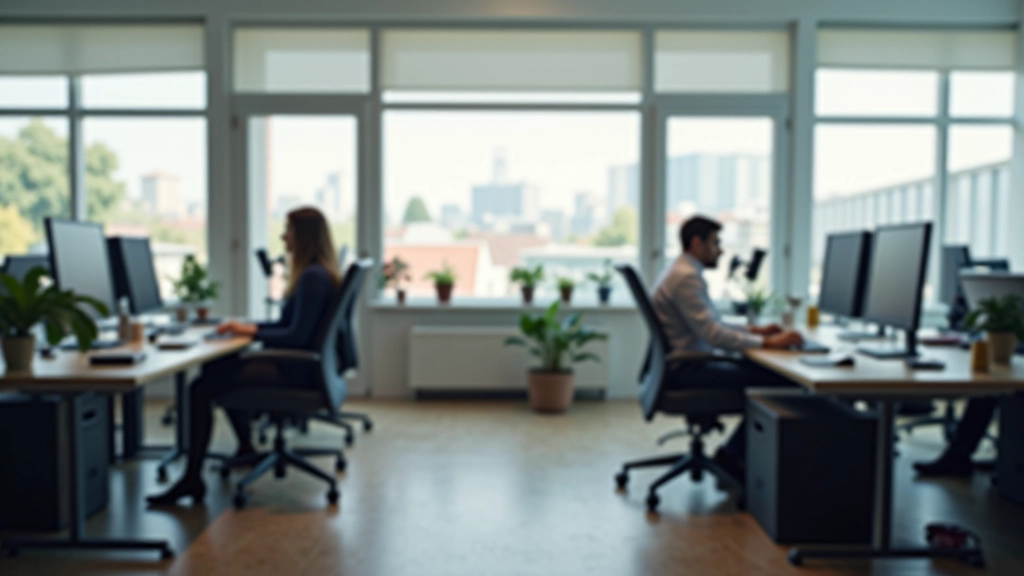 Modernes Büro mit mehreren Mitarbeitern an ihren Schreibtischen, die konzentriert arbeiten